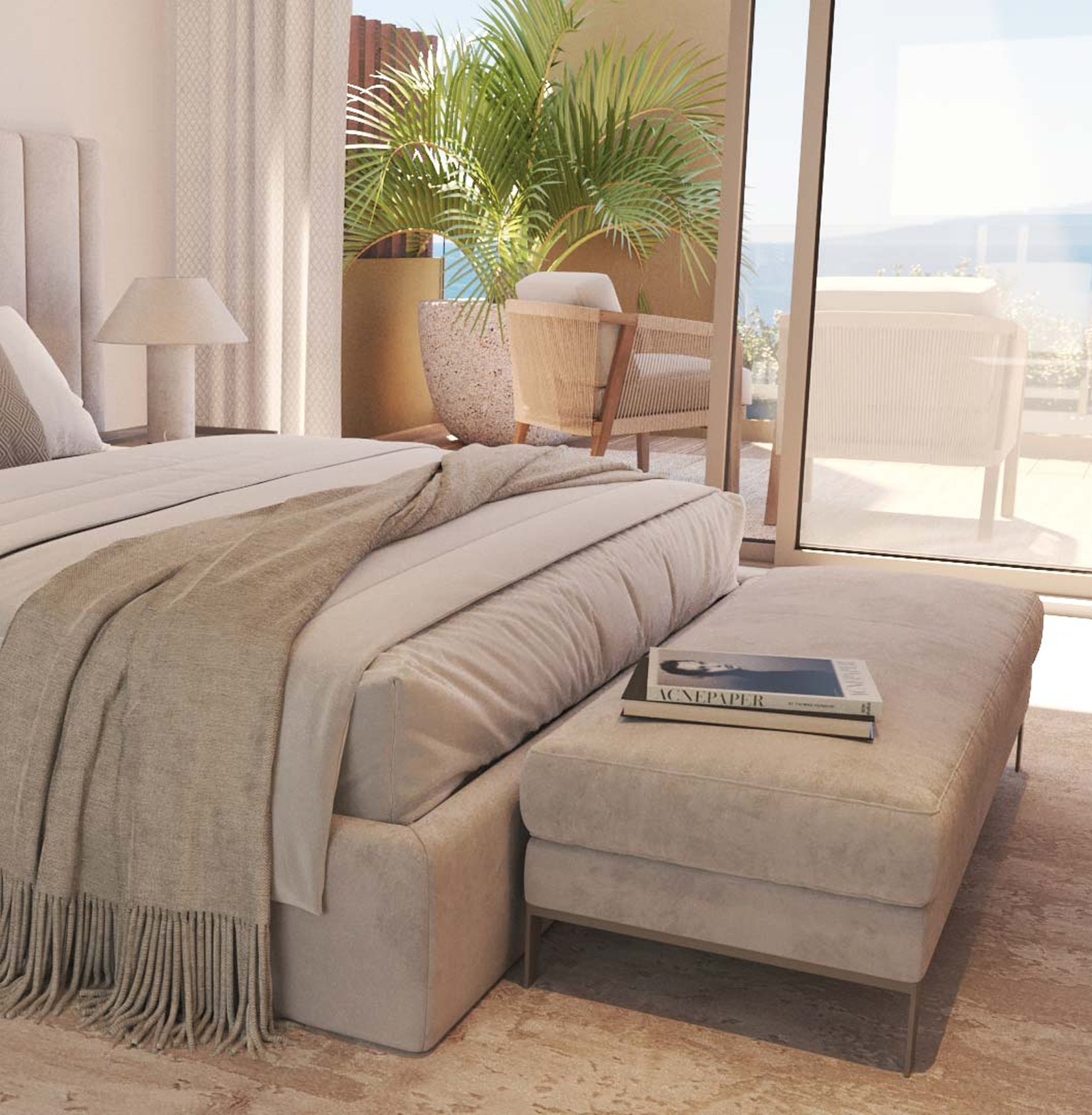 Master bedroom interior at AMOENUS, with sea-facing terrace